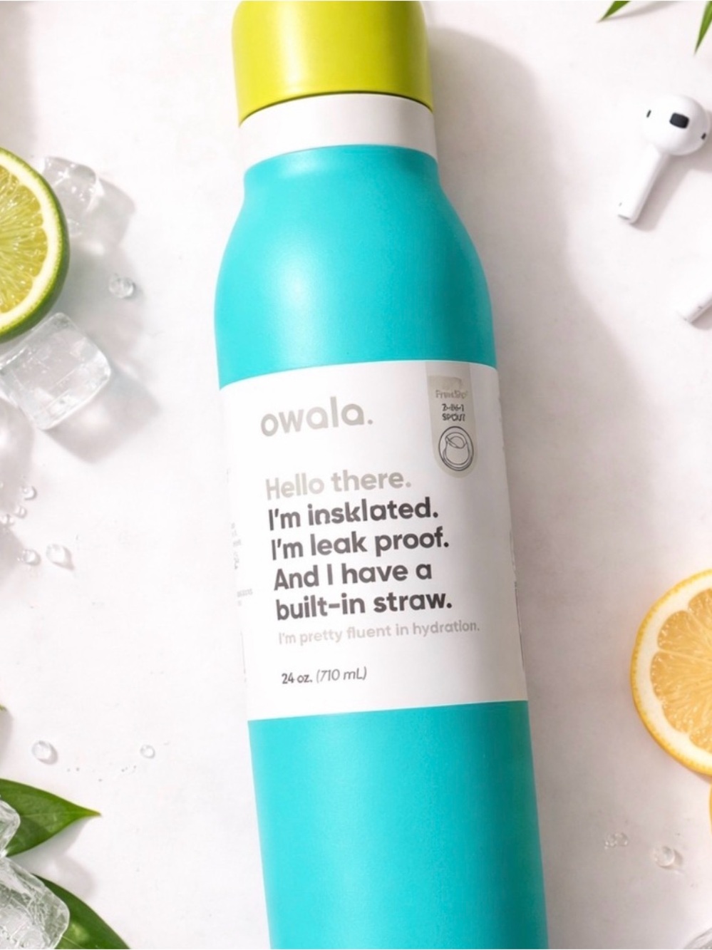 Owala Turquoise & Lime Insulated Water Bottle with Built-In Straw